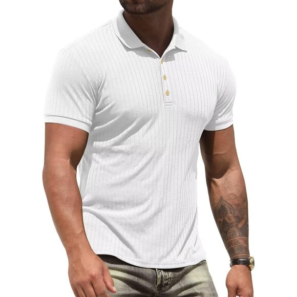 🆕Men White Polyester Polo Shirt Slim Fit Casual Summer Short Sleeve Workout - Picture 1 of 6